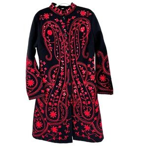 Metrostyle Wool Embroidered Sequence Long Coat Women's M Black Red Hippie Boho